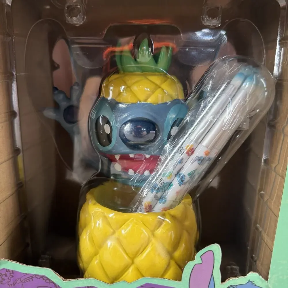 Disney Lilo & Stitch Make Up Brush Holder Pineapple Jar Cosmetic Brush Set New